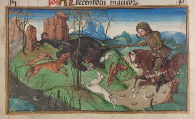 Detail of a miniature of a nobleman engaged in bear hunting, from the calendar page for October by German School