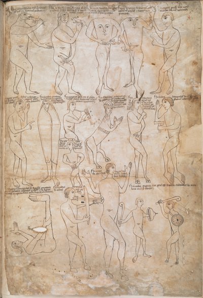 Drawings of the seventeen monstrous races, including giants, pygmies, blemmyae and donestre, illustration from 