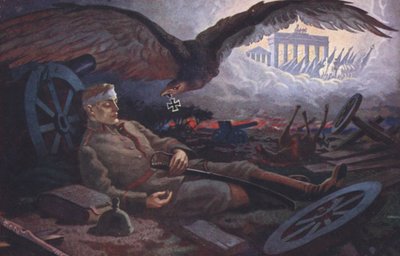Eagle delivering the Iron Cross to a fallen German soldier on the battlefield by German School