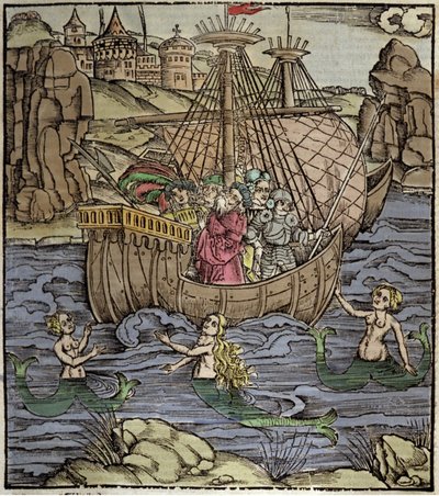 The Trojan heroes Aeneas and his companions cross a sea full of sirens (xylography by Sebastian Brant) by German School