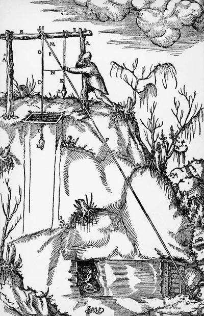 Engraving from De re metallica (On the nature of metals), by Georgius Agricola, published in Basel by German School