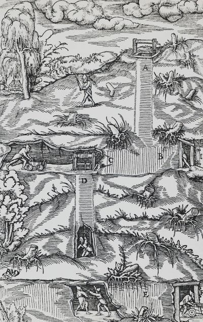 Engraving from De re metallica (On the nature of metals), by Georgius Agricola, published in Basel by German School