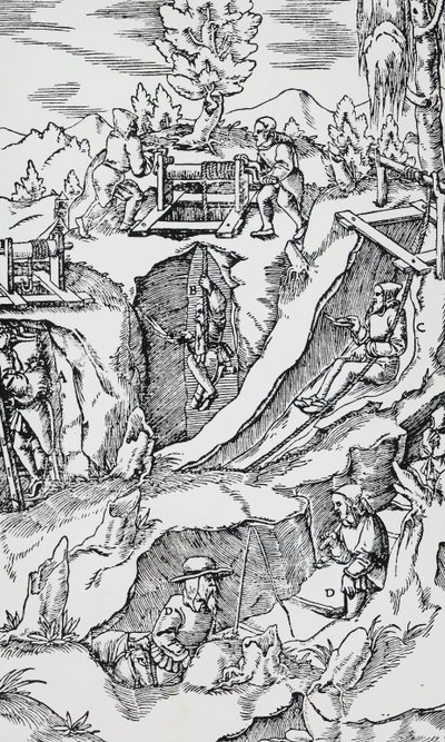 Engraving from De re metallica, by Georg Pawer or Georgius Agricola, published in Basel by German School