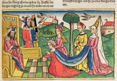 Esther 2:15-18, Esther is chosen to be Queen by the Persian King Ahasuerus, from the Nuremberg Bible by German School
