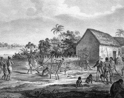 European bartering at the river port of the Miranhas Tribe, Amiro Japara, illustration from the Atlas of a Journey in Brasil by German School