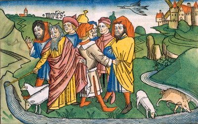Exodus 17:1-7 Moses makes the water flow from the Rocks of Horeb, from the Nuremberg Bible by German School
