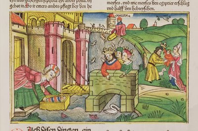 Exodus 2:1-6 Moses being floated down the Nile and discovered by one of Pharaoh