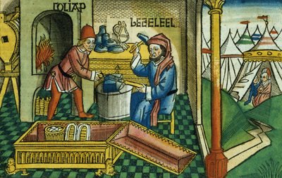 Exodus 31:2-8 Bezalel and Oholiab making the Ark of the Covenant, from the Nuremberg Bible by German School
