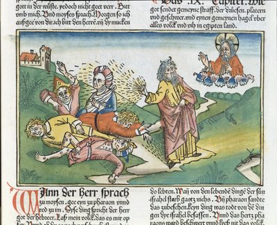 Exodus 9:8-12 The Seven Plagues of Egypt: Moses and the plague of boils, from the Nuremberg Bible by German School