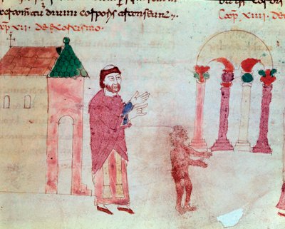 Exorcism: A Monk Pushing a Demon from a Church to a Pagan Temple by German School