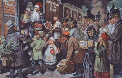 Father Christmas loading parcels containing gifts onto a train to carry them to German troops at the front, World War I by German School