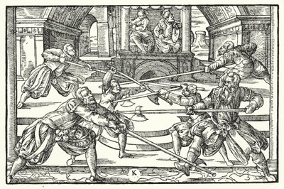 Fencing scene by German School