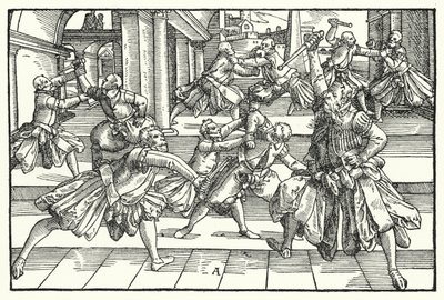 Fencing scene by German School
