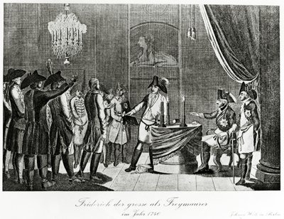 Frederick the Great receives his brother-in-law, Frederick, Margrave of Brandenburg-Bayreuth as a Freemason in Berlin in 1740 by German School