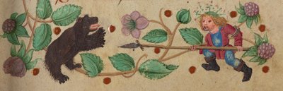 Garlanded Hunter on foot spearing a bear, c. 1475-1485 by German School