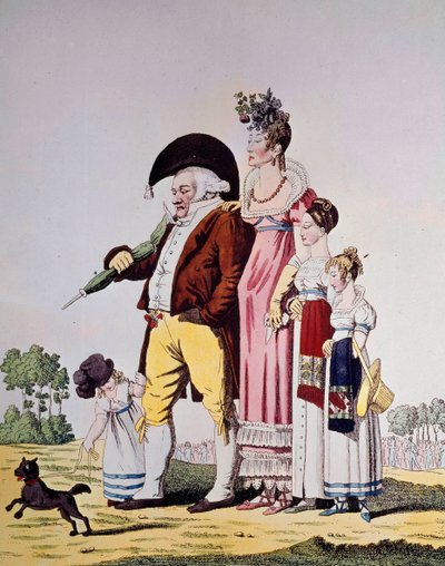 German bourgeois walk on Sunday. Caricature representing a German family in Sunday dress. Engraving of the 19th century by German School