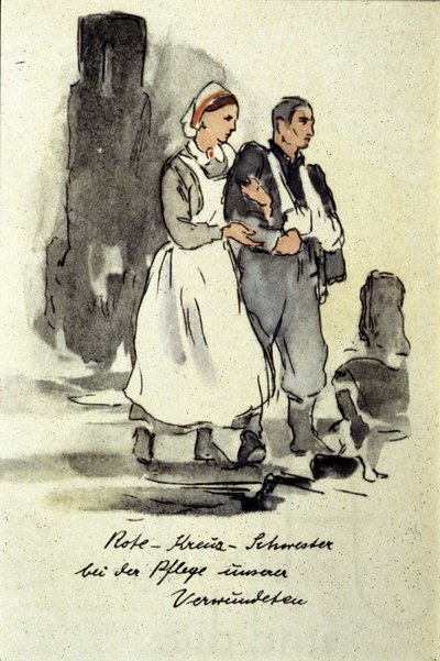 German nurse supporting a wounded man (1942) by German School