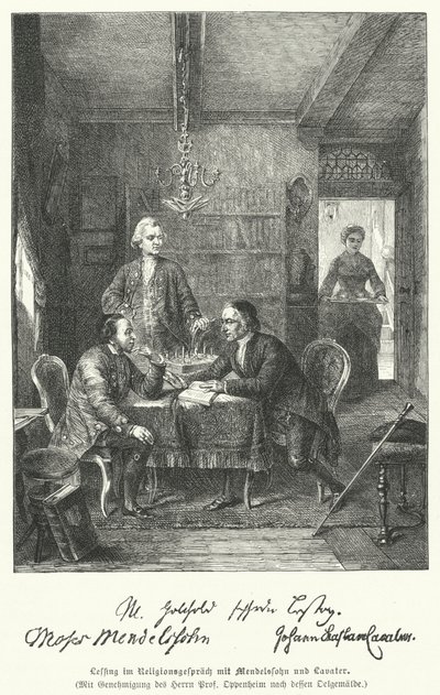 German philosopher and dramatist discussing religion with Moses Mendelssohn and Johann Kaspar Lavater by German School