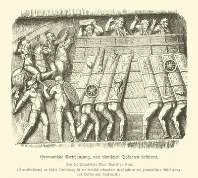 Germanic fortification under attack by Roman soldiers by German School