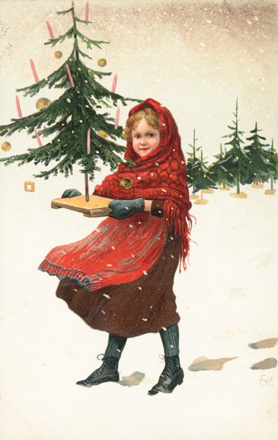Girl Carrying Small Christmas Tree in the Snow by German School