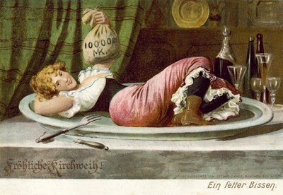 Girl Lying Seductively on a Plate Holding a Bag of Money by German School
