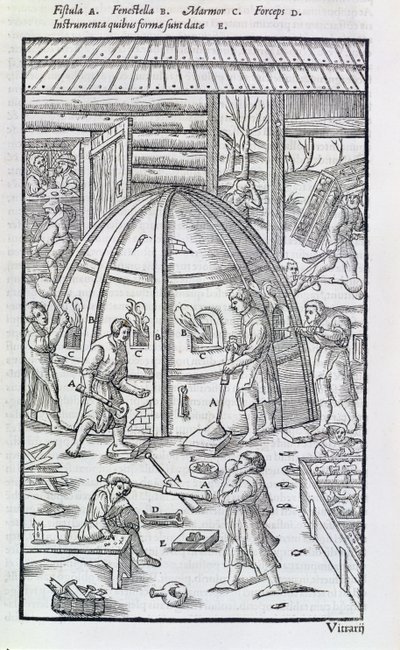 Glassworks, illustration showing the marble furnace and glass blowers by German School