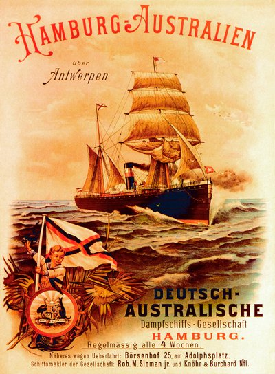 Hamburg - Australia, Poster Advertising the German Australian Steamship Company, 1889 by German School
