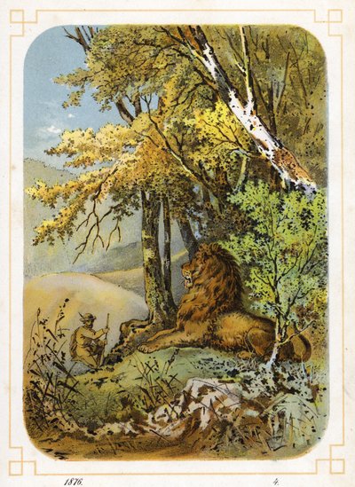 Hunter approaching lion by German School
