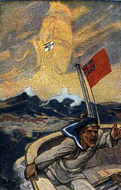 Illustration of German propaganda from the magazine Jugend during the 1st World War. An English sailor is terrorized by the appearance of a ghost ship flying the flag of the Reich. by German School