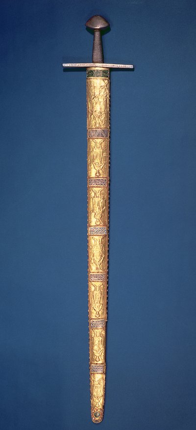 Imperial Sword of the Holy Roman Emperors with partially gilt pommel and cross-bar, the hilt bound with silver wire and the scabbard consisting of fourteen gold foil plaques chased with sovereign figures by German School