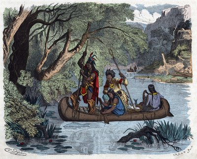 Indians fishing aboard a canoe on a river in America. In 