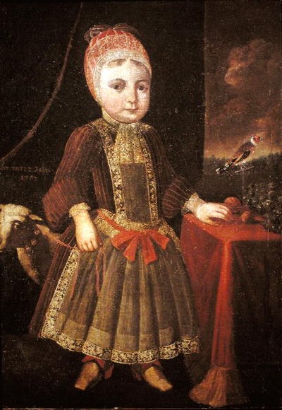 Interior with a little girl at a Window by German School