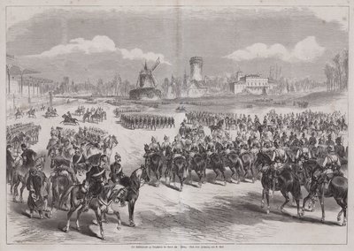 Kaiser Wilhelm I of Germany watching his army parade at Longchamp, Paris, France, March 1871 by German School