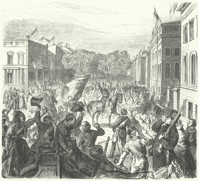 King Frederick William IV of Prussia riding past Berlin University on his way to attend a mass funeral of civilians killed in riots, 21 March 1848 by German School