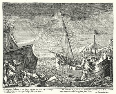 King James II flees England, leaving Rochester in a small boat by German School