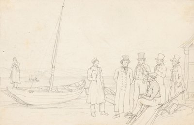 Lakeside scene with seven figures by German School