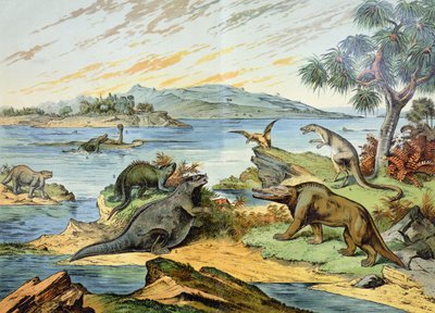 Landscape depicting the Cretaceous period (146 to 65 million years ago) illustration from Natural History of Mineralogy and Palaeontology by G.H. von Schubert, 1888 by German School