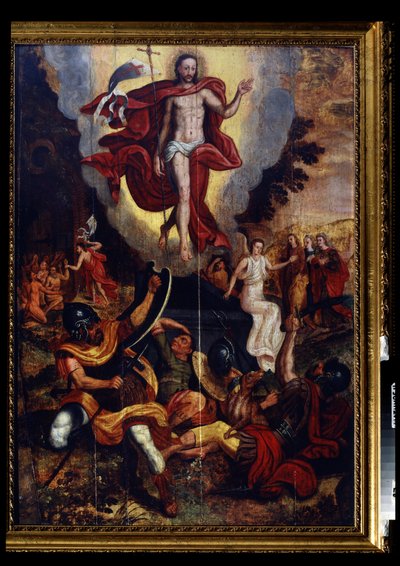 The Ascension of Christ (Resurrection). He holds a cross staff with a white flag bearing a red cross. On the left, the descent of Jesus Christ to limbo. by German School