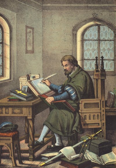 Luther disguised as Junker Jorg in Wartburg translation of the New Testament by German School