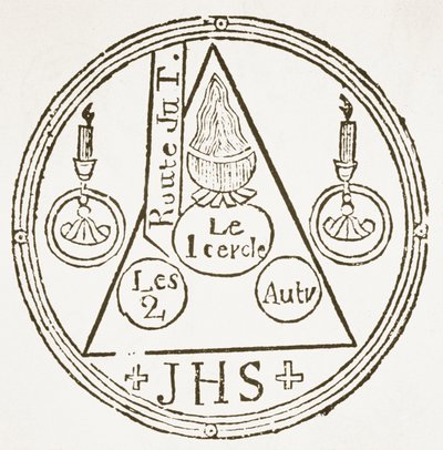 Magic Circle, copy of an illustration from Dreyfacher Hollenzwang by Dr Faustens, Passau 1407, Reproduced in Das Kolster Vol V, by J Scheible, 1845, used in a History of Magic, published late 19th century by German School