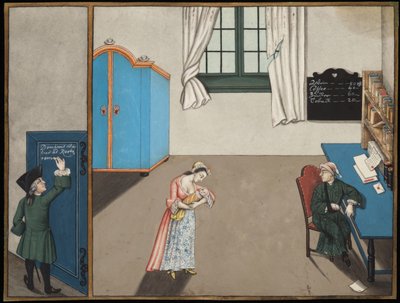 Man writing on a door and a shop interior by German School