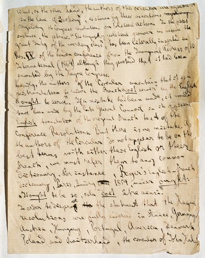Manuscript page of article by Karl Marx, in International Herald newspaper, published January 25 by German School