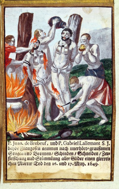 Martyrdom of Jean de Brebeuf and Gabriel Lalemant by Iroquois, in Nouvelle-France 1649, from Jesuits Martyrology, 1688 by German School