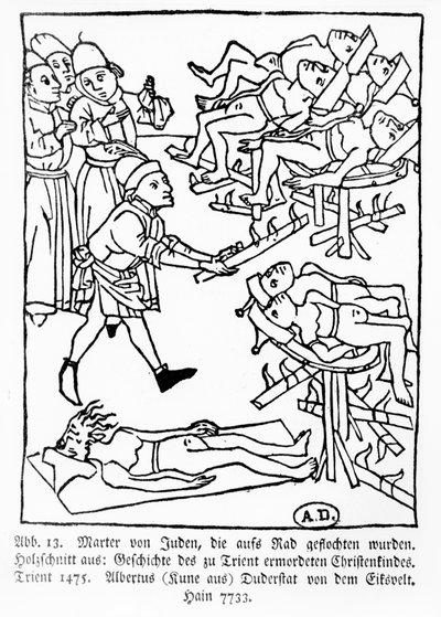 Martyrdom of Jews on the wheel, from the History of the Christian child murdered at Trent, published in Trent by Albertus Kune by German School