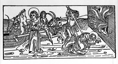 Martyrdom of Saint Polycarp of Smyrna (ca. 69-155), bishop. Engraving from the 