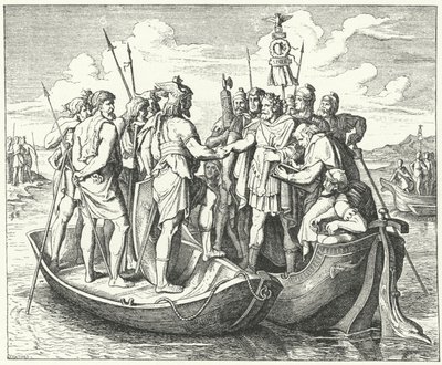 Meeting of the Roman Emperor Valens and the Visigothic King Athanaric on the Danube, 369 (engraving) by German School