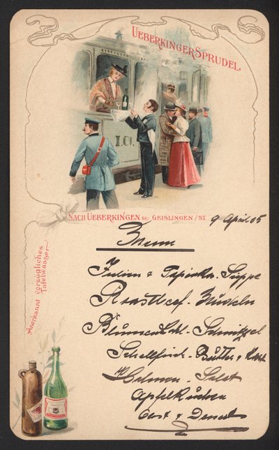 Menu Card Advertising Ueberkinger Sparkling Mineral Water by German School