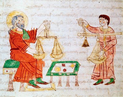 Merchants Using Scales to Weigh and Bargain (Miniature from the Manuscript 
