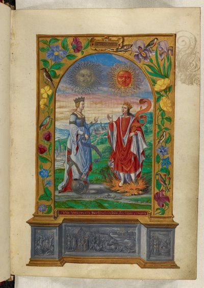 Miniature of a King and Queen bearing scrolls, from 