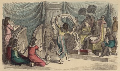 Musicians and dancers performing before the Pharaoh in Ancient Egypt by German School